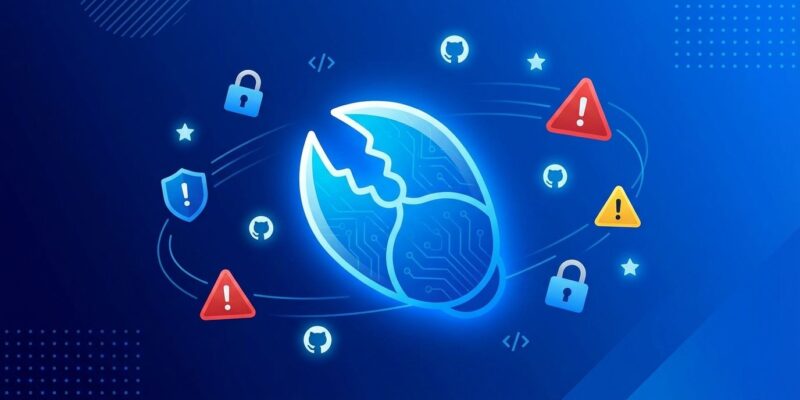 OpenClaw security vulnerabilities visualization with lobster claw icon, GitHub stars, and security warning symbols