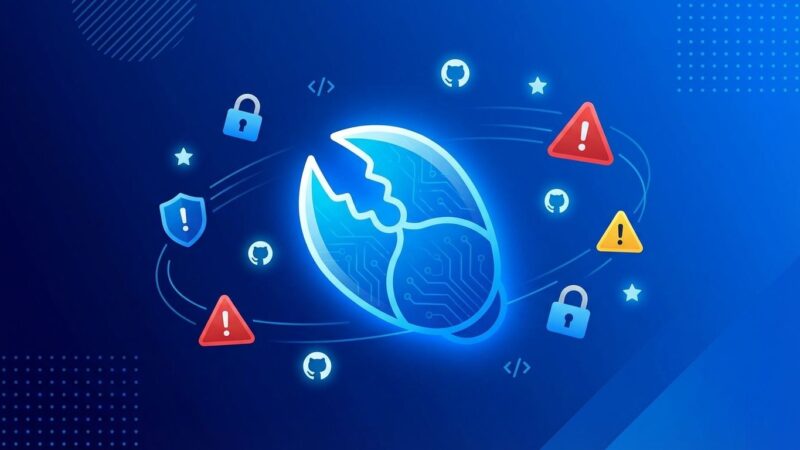 OpenClaw security vulnerabilities visualization with lobster claw icon, GitHub stars, and security warning symbols