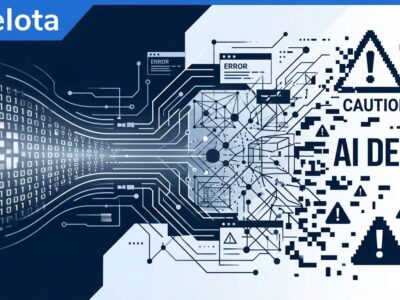 Abstract illustration showing AI code transforming into warning symbols representing technical debt crisis