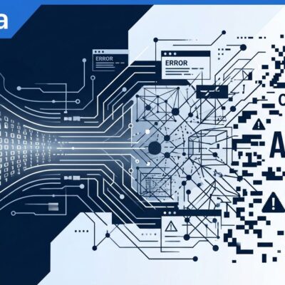 Abstract illustration showing AI code transforming into warning symbols representing technical debt crisis