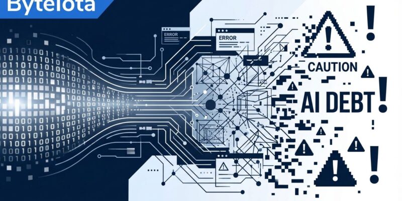 Abstract illustration showing AI code transforming into warning symbols representing technical debt crisis