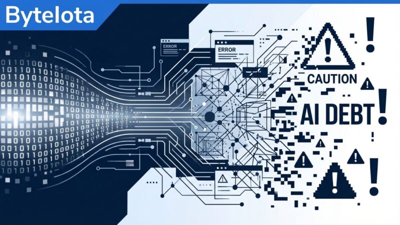 Abstract illustration showing AI code transforming into warning symbols representing technical debt crisis