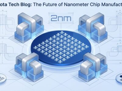 Isometric 3D visualization of TSMC 2nm chip with Gate-All-Around transistor architecture, showing semiconductor wafer and GAA gate structures