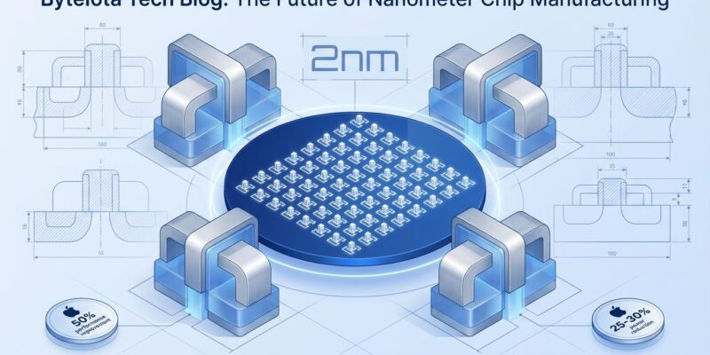 Isometric 3D visualization of TSMC 2nm chip with Gate-All-Around transistor architecture, showing semiconductor wafer and GAA gate structures