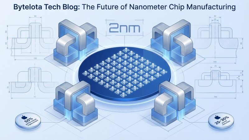 Isometric 3D visualization of TSMC 2nm chip with Gate-All-Around transistor architecture, showing semiconductor wafer and GAA gate structures
