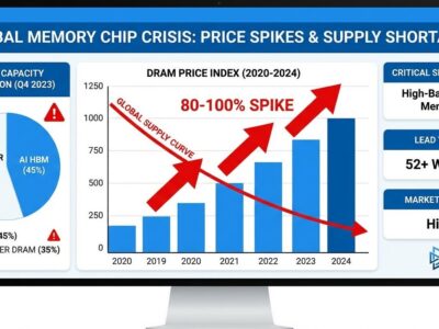 Data visualization showing memory chip shortage crisis with dramatic price spikes and capacity allocation between AI HBM and consumer DRAM