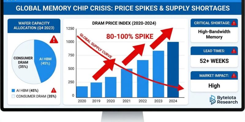 Data visualization showing memory chip shortage crisis with dramatic price spikes and capacity allocation between AI HBM and consumer DRAM