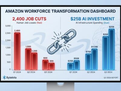 Data visualization showing contrast between Amazon's 2,400 job cuts and AI investment with breaking chain symbolizing workforce displacement