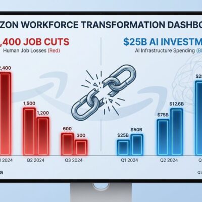 Data visualization showing contrast between Amazon's 2,400 job cuts and AI investment with breaking chain symbolizing workforce displacement