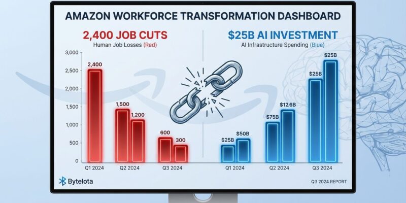 Data visualization showing contrast between Amazon's 2,400 job cuts and AI investment with breaking chain symbolizing workforce displacement