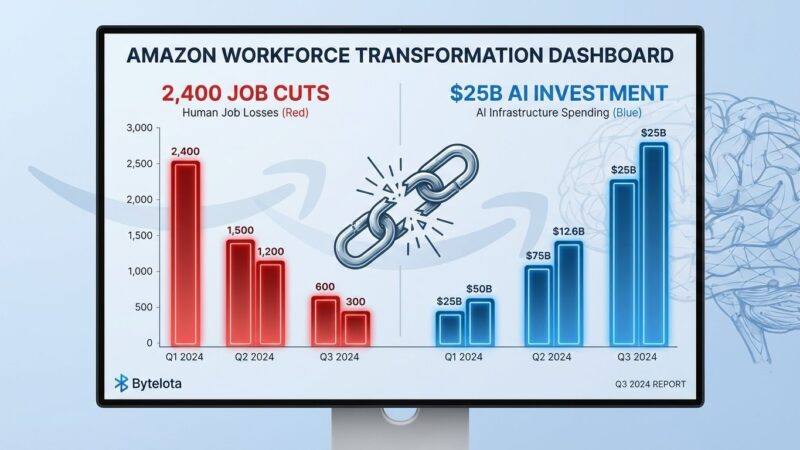 Data visualization showing contrast between Amazon's 2,400 job cuts and AI investment with breaking chain symbolizing workforce displacement