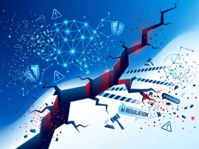 Abstract visualization of AI safety crisis showing fragmented neural network with warning symbols and regulatory breach indicators