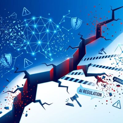 Abstract visualization of AI safety crisis showing fragmented neural network with warning symbols and regulatory breach indicators