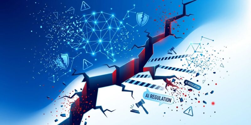 Abstract visualization of AI safety crisis showing fragmented neural network with warning symbols and regulatory breach indicators