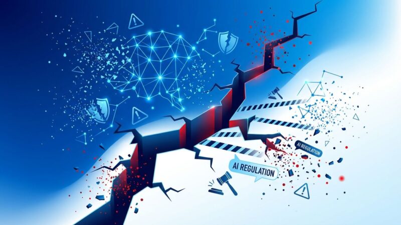 Abstract visualization of AI safety crisis showing fragmented neural network with warning symbols and regulatory breach indicators