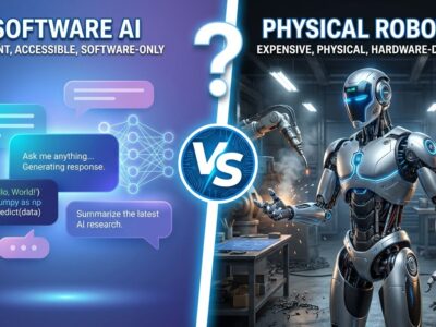 Split-screen visualization comparing ChatGPT interface with humanoid robot, illustrating accessibility gap between software AI and physical robotics