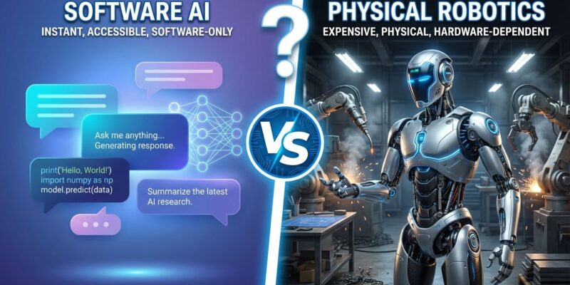 Split-screen visualization comparing ChatGPT interface with humanoid robot, illustrating accessibility gap between software AI and physical robotics