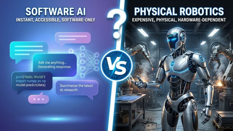 Split-screen visualization comparing ChatGPT interface with humanoid robot, illustrating accessibility gap between software AI and physical robotics