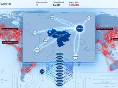 BGP routing dashboard showing Venezuela network anomalies with AS path prepending visualization and route leak heatmap