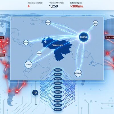 BGP routing dashboard showing Venezuela network anomalies with AS path prepending visualization and route leak heatmap