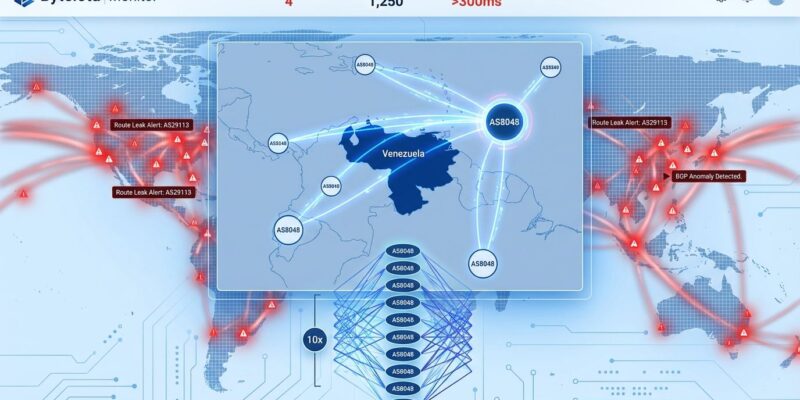 BGP routing dashboard showing Venezuela network anomalies with AS path prepending visualization and route leak heatmap