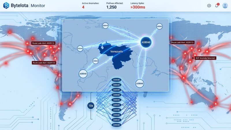 BGP routing dashboard showing Venezuela network anomalies with AS path prepending visualization and route leak heatmap