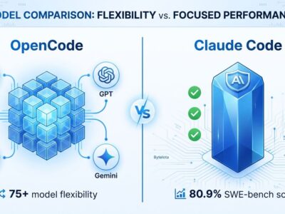 Split-screen comparison showing OpenCode (left) with open-source flexibility and multiple AI provider connections versus Claude Code (right) with proprietary polish and 80.9% SWE-bench performance score