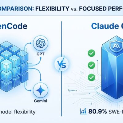 Split-screen comparison showing OpenCode (left) with open-source flexibility and multiple AI provider connections versus Claude Code (right) with proprietary polish and 80.9% SWE-bench performance score