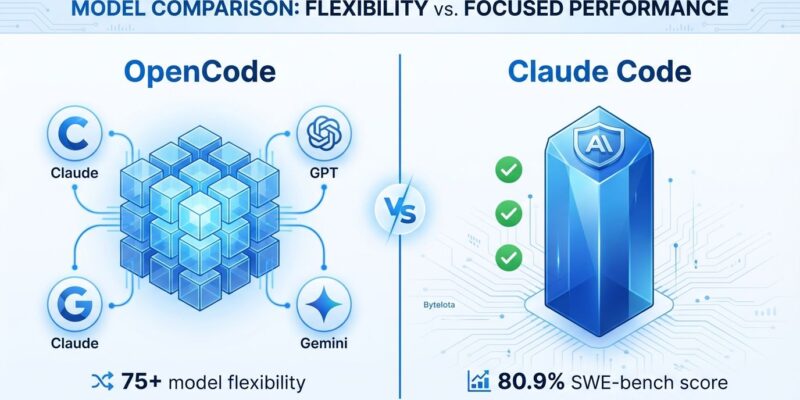 Split-screen comparison showing OpenCode (left) with open-source flexibility and multiple AI provider connections versus Claude Code (right) with proprietary polish and 80.9% SWE-bench performance score
