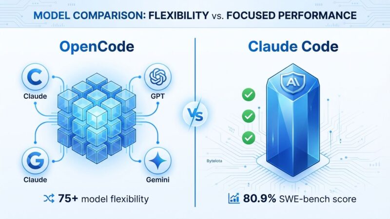 Split-screen comparison showing OpenCode (left) with open-source flexibility and multiple AI provider connections versus Claude Code (right) with proprietary polish and 80.9% SWE-bench performance score