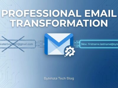 Gmail address change feature showing transformation from old to professional email address with ByteIota blue and white colors
