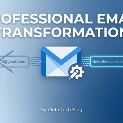 Gmail address change feature showing transformation from old to professional email address with ByteIota blue and white colors