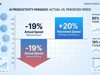 Data visualization showing AI productivity paradox: 19% actual slowdown vs 20% perceived speedup