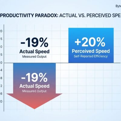 Data visualization showing AI productivity paradox: 19% actual slowdown vs 20% perceived speedup