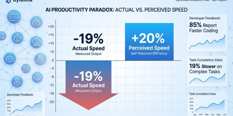 Data visualization showing AI productivity paradox: 19% actual slowdown vs 20% perceived speedup