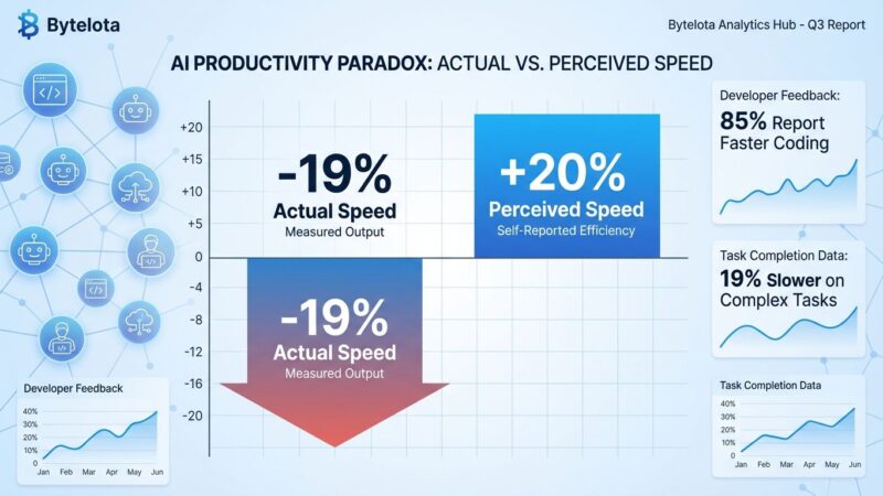 Data visualization showing AI productivity paradox: 19% actual slowdown vs 20% perceived speedup