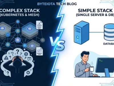 Split-screen comparison showing complex Kubernetes cluster versus simple single server architecture