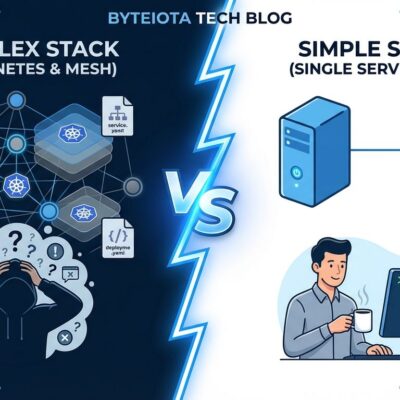 Split-screen comparison showing complex Kubernetes cluster versus simple single server architecture