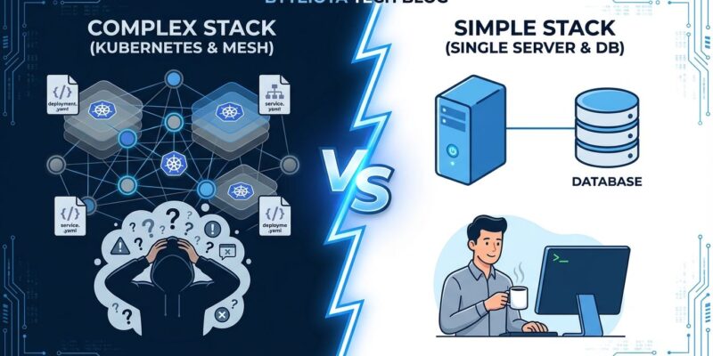 Split-screen comparison showing complex Kubernetes cluster versus simple single server architecture