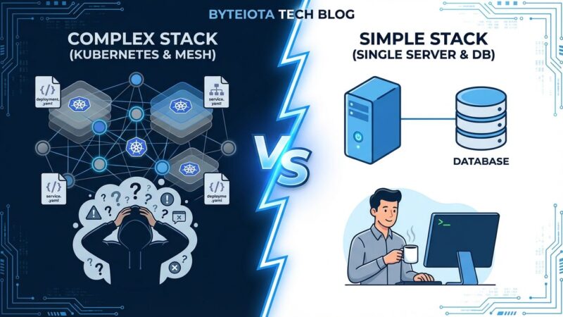 Split-screen comparison showing complex Kubernetes cluster versus simple single server architecture