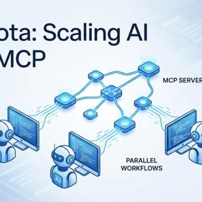Modern illustration showing multiple AI agents working in parallel workflows with interconnected MCP server nodes