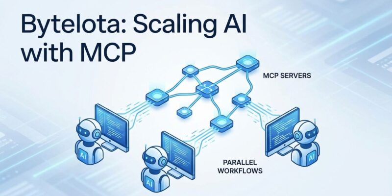 Modern illustration showing multiple AI agents working in parallel workflows with interconnected MCP server nodes