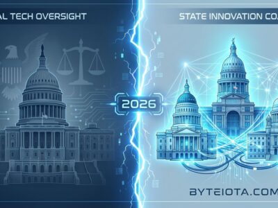 Split-screen visualization showing federal government on left versus coalition of state governments on right, representing 2026 tech regulation showdown