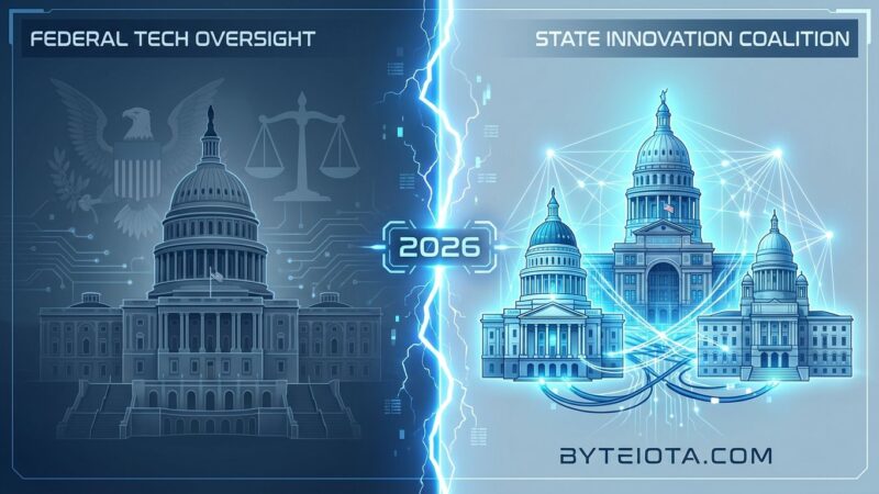 Split-screen visualization showing federal government on left versus coalition of state governments on right, representing 2026 tech regulation showdown