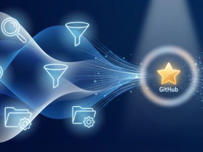 Abstract visualization of GitHub repository discovery showing data streams and search intelligence filtering 4.3 million AI repositories