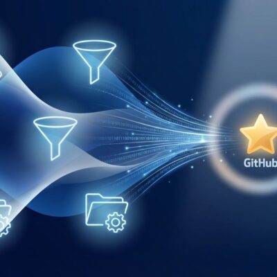 Abstract visualization of GitHub repository discovery showing data streams and search intelligence filtering 4.3 million AI repositories