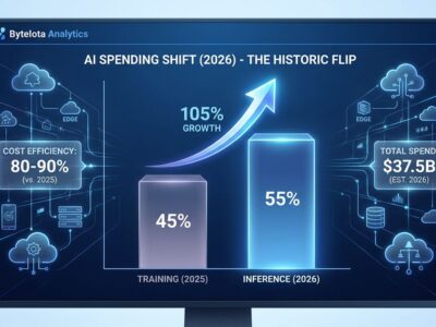 Data visualization showing AI inference workloads consuming 55% of cloud infrastructure spending in 2026, with bar chart comparing training vs inference costs
