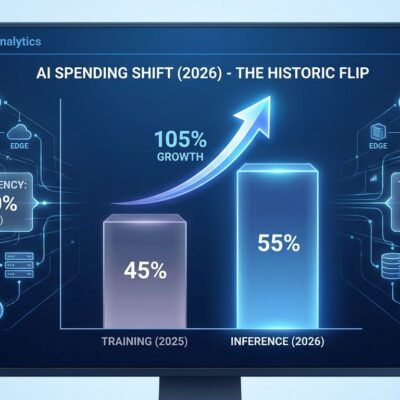 Data visualization showing AI inference workloads consuming 55% of cloud infrastructure spending in 2026, with bar chart comparing training vs inference costs