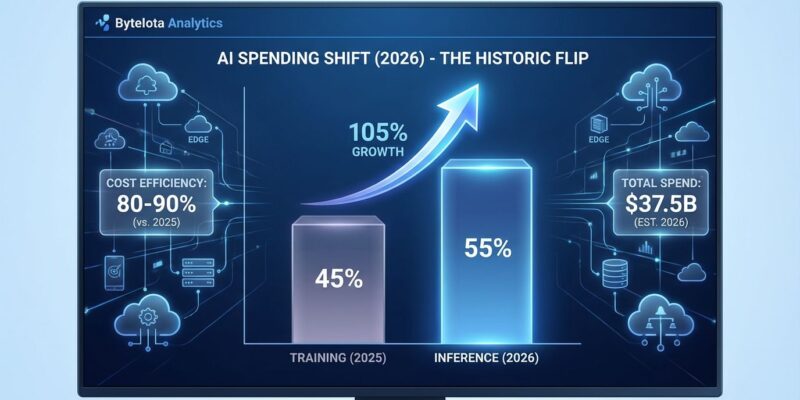 Data visualization showing AI inference workloads consuming 55% of cloud infrastructure spending in 2026, with bar chart comparing training vs inference costs