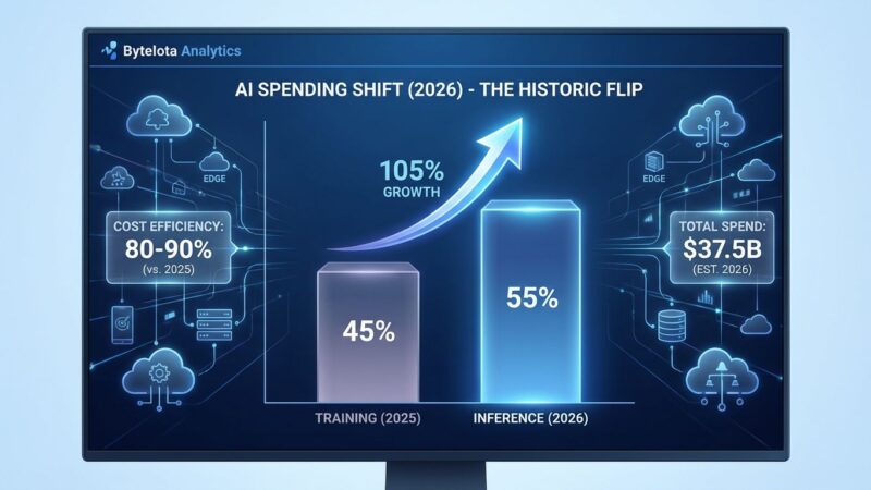 Data visualization showing AI inference workloads consuming 55% of cloud infrastructure spending in 2026, with bar chart comparing training vs inference costs